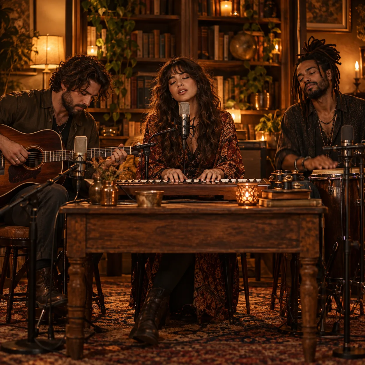 三位音乐人在温暖灯光下的桌后演出